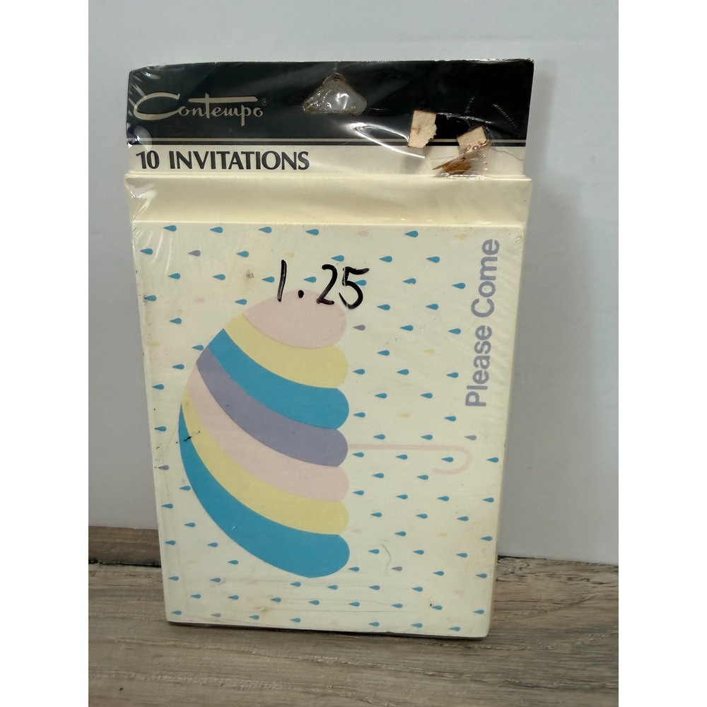 Vintage Contempo 10 Invitations Pastel Umbrella Raindrops Baby Bridal Shower
